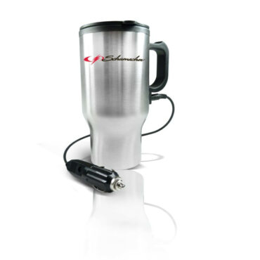 Schumacher Electric 12 volt stainless steel travel mug with handle and car plug-in.