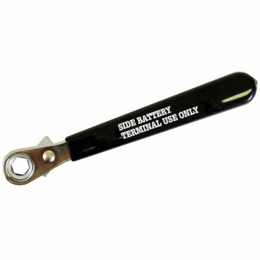 Schumacher Electric side terminal wrench with the text "side battery terminal use only" written on the insulated handle.