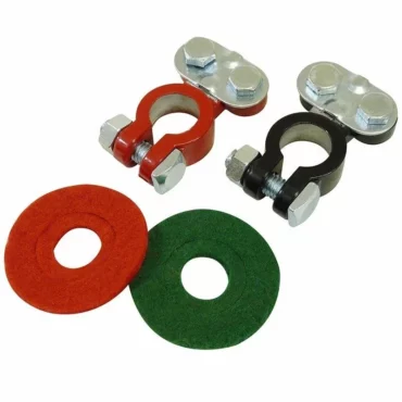 Schumacher Electric coated top terminal posts, one red and one black, with one red and one green washer.