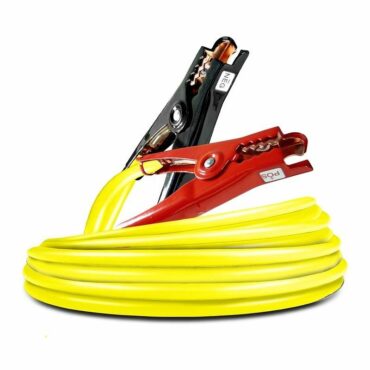Bright yellow jump starter cables with connectors.