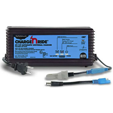 Charge and ride universal charger with blue sticker and cables.