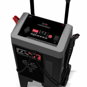 Schumacher Electric pro series 275 amp battery charger / engine starter with color-coded clamps, wheels and a pull handle.