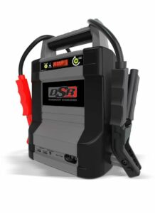 Schumacher Electric D.S.R. 2000 peak amp lithium-ion jump starter with color-coded clamps.