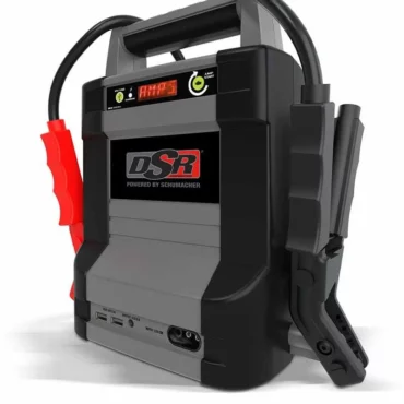 Schumacher Electric D.S.R. 2000 peak amp lithium-ion jump starter with color-coded clamps.