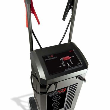 Schumacher Electric pro series 250 amp battery charger / engine starter with color-coded clamps, wheels and a pull handle.