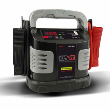 Schumacher Electric 1200 peak amp ultracapacitor / lithium-ion hybrid jump starter with carry handle and color-coded clamps.