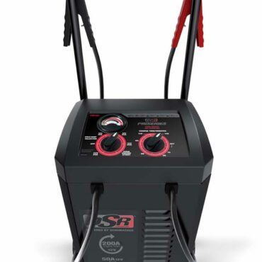 Schumacher Electric pro series 200 amp battery charger / engine starter with color-coded clamps, wheels and a pull handle.