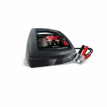 Schumacher Electric 100 amp fully automatic battery charger with carry handle and color-coded clamps.