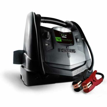 Schumacher Electric farm and ranch 12 volt jump starter and D.C. power source with carry handle and color-coded clamps.