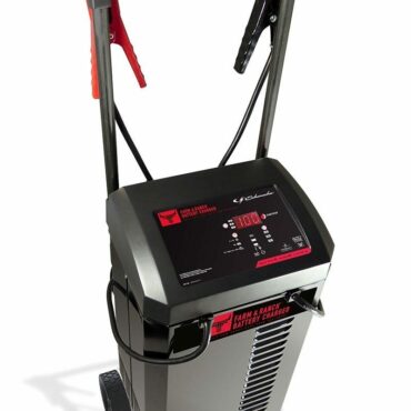 Schumacher Electric farm and ranch 250 amp batter charger / engine starter with wheels, pull handle and color-coded clamps.