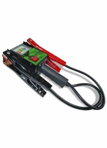 Schumacher Electric farm and ranch handheld battery load tester with red and black color-coded clamps.