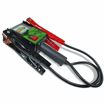 Schumacher Electric farm and ranch handheld battery load tester with red and black color-coded clamps.