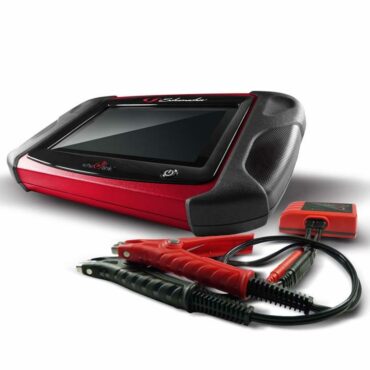 Schumacher Electric bluetooth-enabled diagnostic and tester tool for 6 and 12 volt as well as 12 and 24 volt batteries with color-coded clamps.