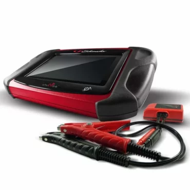 Schumacher Electric bluetooth-enabled diagnostic and tester tool for 6 and 12 volt as well as 12 and 24 volt batteries with color-coded clamps.