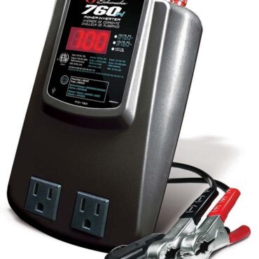 Schumacher Electric 760 volt power converter with dual outlets and color-coded clamps.