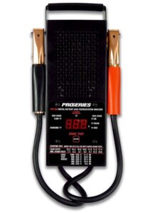 Schumacher Electric digital battery tester and system analyzer with color-coded clamps for 12 volt batteries.