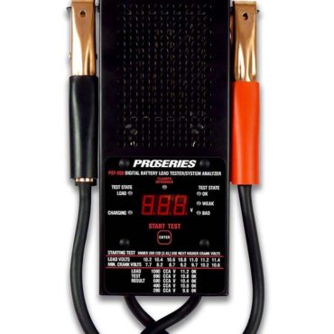 Schumacher Electric digital battery tester and system analyzer with color-coded clamps for 12 volt batteries.