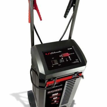 Schumacher Electric 300 amp 6 and 12 volt battery charger and engine starter with extra long handle, wheels, and color-coded clamps.