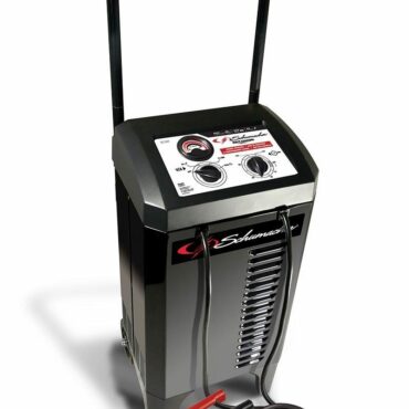 Schumacher Electric 150 amp 12 volt battery charger and engine starter with extra long handle, wheels, and color-coded clamps.