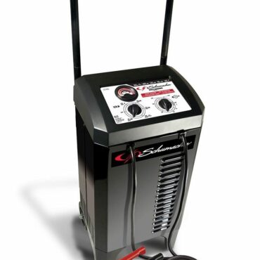 Schumacher Electric 250 amp 6 and 12 volt charger and engine starter with extra long handle, wheels and color-coded clamps.