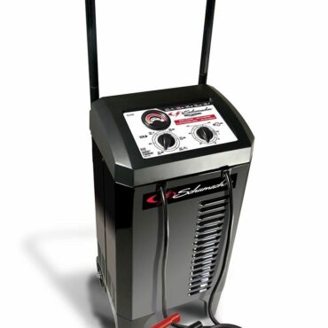 Schumacher Electric 200 amp 6 and 12 volt battery charger and engine starter with extra long handle, wheels, and color-coded clamps.