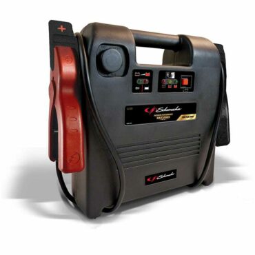 Schumacher Electric 1100 peak amp 12 volt jump starter with handle and color-coded clamps.