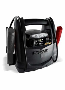 Schumacher Electric 800 peak amp 12 volt jump starter with handle, light and color-coded clamps.