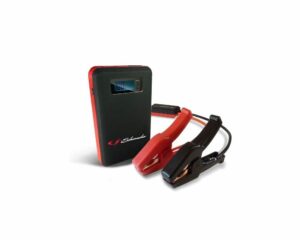 Schumacher Electric 600 peak amp jump starter with color-coded clamps.