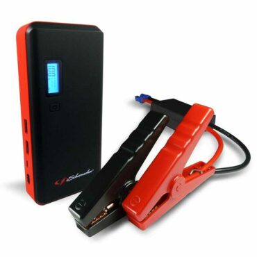 Schumacher Electric 800 peak amp jump starter with color-coded clamps.