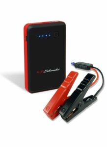 Schumacher Electric 400 peak amp jump starter with color-coded clamps.