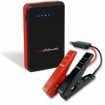 Schumacher Electric 400 peak amp jump starter with color-coded clamps.