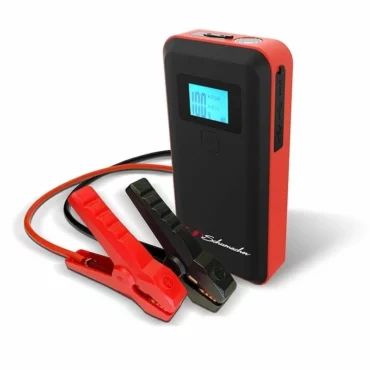 Schumacher Electric 800 peak amp jump starter with color-coded clamps.