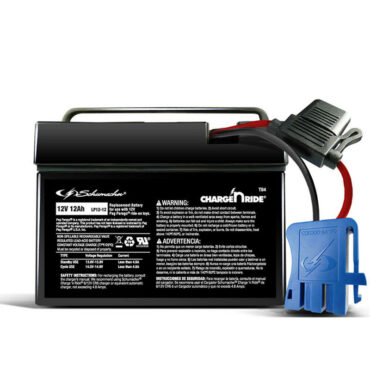 Charge ‘n Ride 12V rechargeable replacement battery with replaceable fuse.