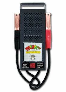 Schumacher Electric 50 amp to 100 amp 6 volt to 12 volt battery load tester with color-coded clamps.