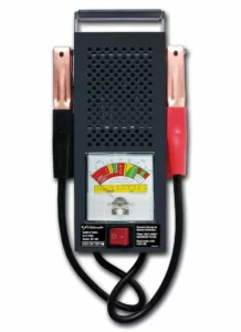 Schumacher Electric 50 amp to 100 amp 6 volt to 12 volt battery load tester with color-coded clamps.