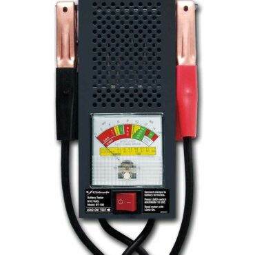 Schumacher Electric 50 amp to 100 amp 6 volt to 12 volt battery load tester with color-coded clamps.