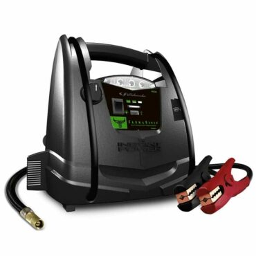 Schumacher Electric 12 volt jump starter and air compressor with light, handle and color-coded clamps.