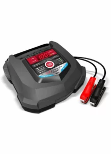 Schumacher Electric 15 amp rapid charger for automotive and marine batteries with color-coded clamps.