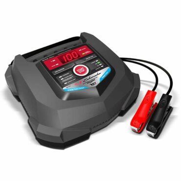 Schumacher Electric 15 amp rapid charger for automotive and marine batteries with color-coded clamps.