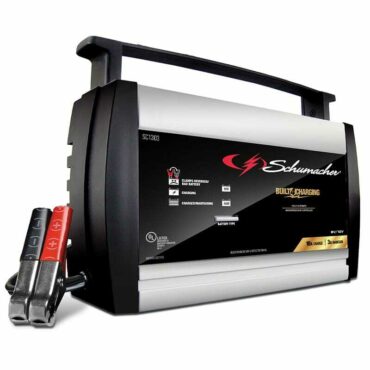 Schumacher Electric 10 amp 6 volt or 12 volt automatic battery charger with color-coded clamps.