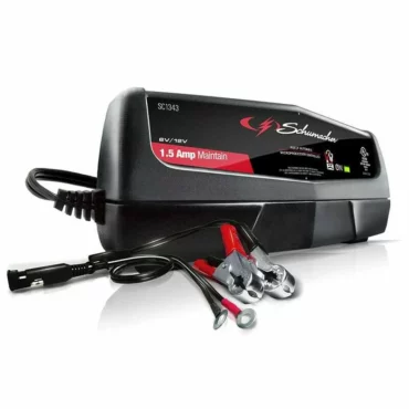 Schumacher Electric 1.5 amp 6 volt or 12 volt battery maintainer with color-coded clamps and rings.