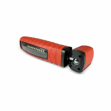 Schumacher Electric 360 degree cordless rechargeable LED light with magnetic touch and suspension hooks in red.