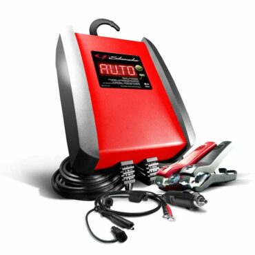 Schumacher Electric 6 amp 12 volt automatic battery charger with color coded clamps and rings.