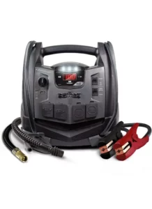 Schumacher Electric 1200 peck amp jump starter, power supply, and air compressor with handle, LED light, dual outlets and color-coded clamps.